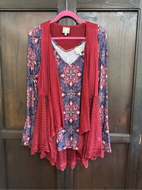 TruSelf Red Lace-Trim Layered Vest and Geometric Shirt Set size Large Boho